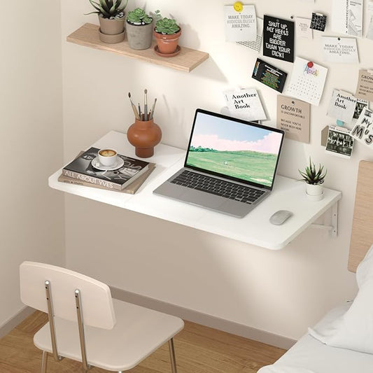 TEAMIX Wall Mounted Desk, White Folding Table for Small Spaces, Wall Floating Desk with Heavy Duty Brackets for Laundry Room,Kitchen,Office Storage