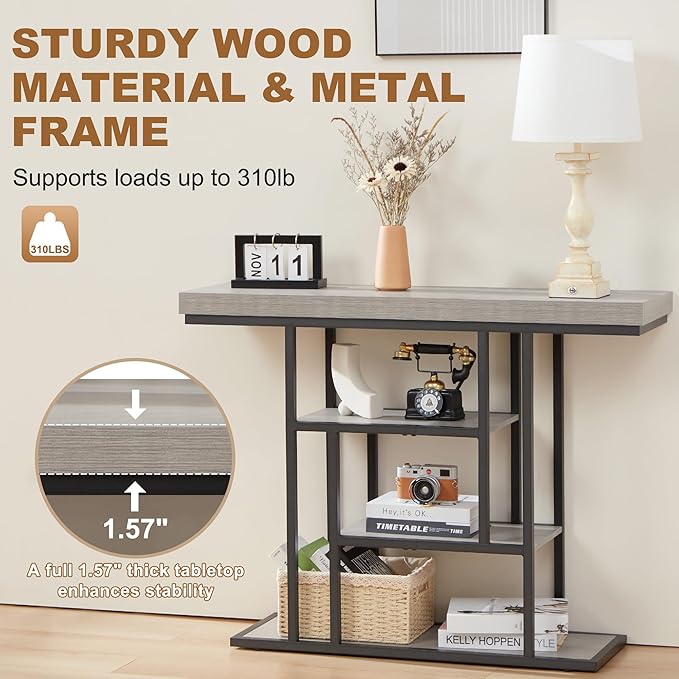 HABUTWAY 42" Industrial Console Table, Narrow 4-Tier Wood Entryway Table for Living Room, Accent Tables Living Room, Hallway Table, Sofa Table for Front Door, Hallway, Foyer, Rustic Grey