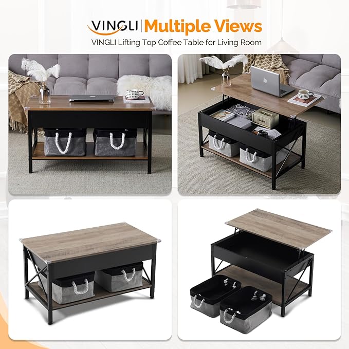 VINGLI 36" Lift Top Coffee Table with Free Cloth Storage Bins, Rustic Framhouse Grey Coffee Tables for Living Room, Small Modern Coffee Table for Small Space in Minimalistic Style, Gray