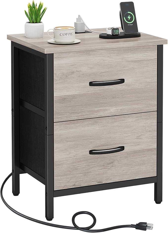 Vagusicc Nightstand with Charging Station, Bedside Table with USB Ports and Outlet, End Table Side Table with 2 Fabric Drawers for Bedroom, Living Room, Greige