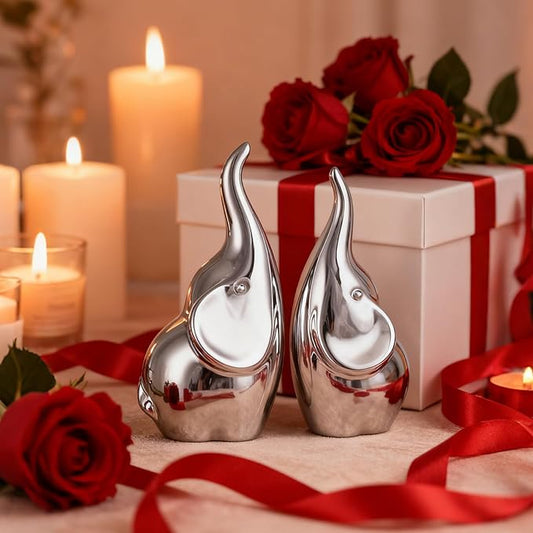 Ceramic Elephant Figurines with Trunk Up, Pair Couples Loving Statue, Small Figurines Sculpture African Home Decor, Valentine Elephants Gifts for Women, Wedding Knick Knacks(Silver