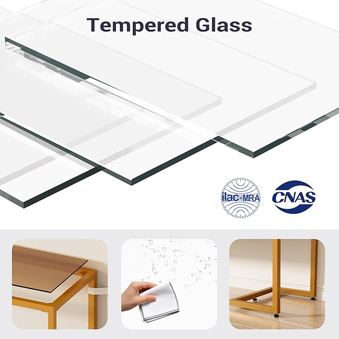 Console Sofa Table, 52" Modern Entryway Table, 2-Tier Open Shelf with Tempered Glass, Metal Frame Behind Couch Table with Gold Metal Frame for Living Room Hallway Entrance, Brown