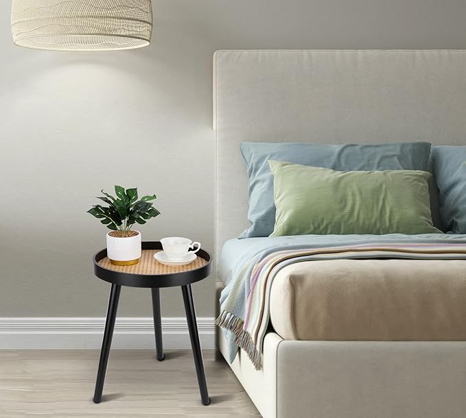Rattan Round Side Table, Black Small Accent Table, Modern Boho Bedside Mid-Century Patio Side End Tables for Living Room Bedroom Office Balcony