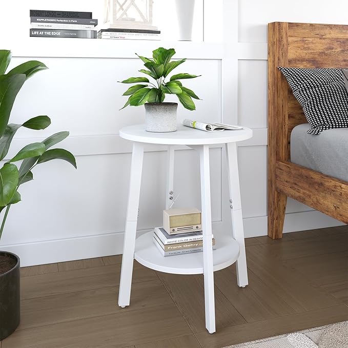 Side Table Set of 2, Small Round End Table with Storage Shelf for Small Space, 2-Tier Bedside Table, Nighstands Set of 2 Accent Table for Living Room, Bedroom, White