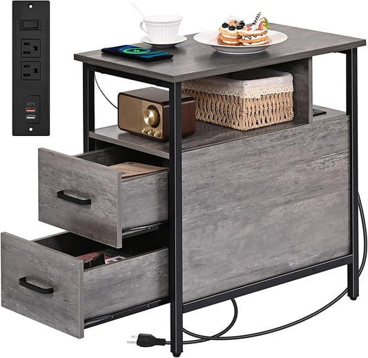 Livofloral Side Table, Gray End Tables with Charging Station, Narrow End Table with Wooden Drawers, USB Ports and Power Outlets, Nightstand and Bedside Table, Side Table Living Room, Bedroom