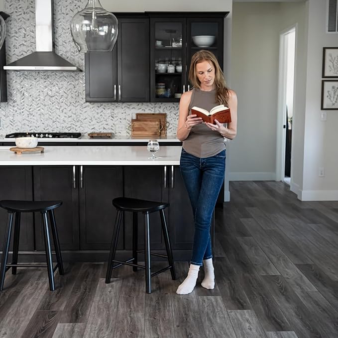 Maven Lane Luna Counter Stool Set of 4 – 26 Inch Round Stools with Footrest – Black Solid Wood – Space-Saving Design for Kitchen Counters & Islands, Ideal for Apartments, Dorms & Compact Living