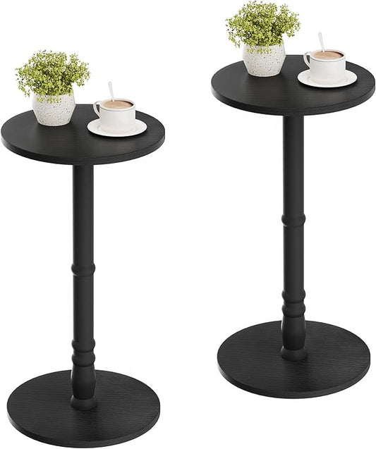 Round Side Tables Set of 2, Solid Wood Pillar with Wood Top & Base, Small Drink Accent Table for Living Room, Bedroom, Sofa & Office, Easy Assembly, Black