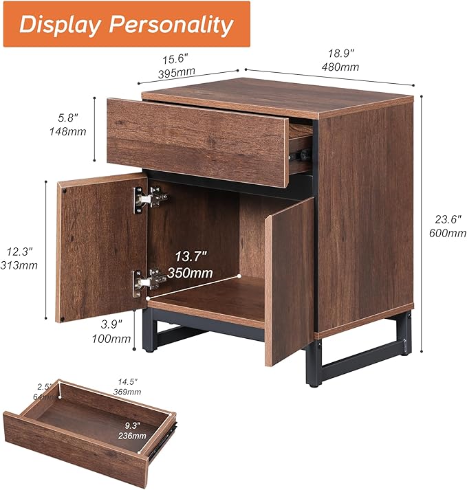 WAMPAT Modern End Table with 1 Drawer & 1 Storage Cabinet, Farmhouse Sofa Table with 2 Open Door, Wood Rustic Side End Table for Living Room, Nighstand for Bedroom, Brown