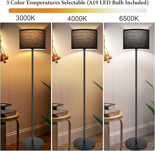 TOBUSA 65’’ Black Floor Lamp for Bedroom, Living Room Pole Floor Light with Black Shade, Modern Tall Standing Lamp with 3-Color Changing E26 Bulbs, Minimalist Stand-up LED Floor Lamp with Foot Pedal