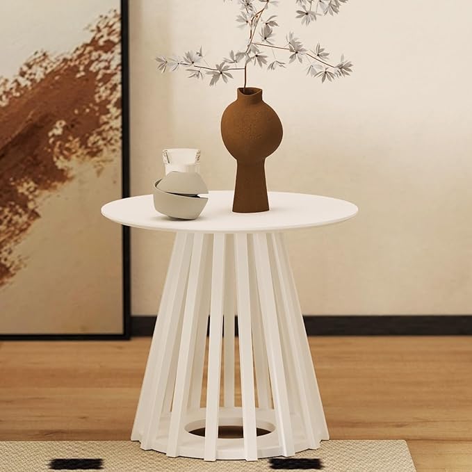 DUOMAY Modern Solid Round Side Table with Geometric Base, Natural Wood Accent End Table Center Table for Living Room, Bedroom, Lounge, Office, White Color