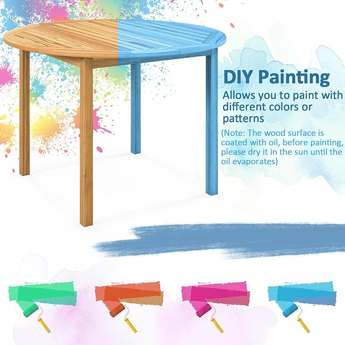 Tangkula Round Outdoor Dining Table, Acacia Wood 4-Person Large Dining Table, Farmhouse Patio Indoor Bistro Table, for Yard Deck Lawn Dining Room