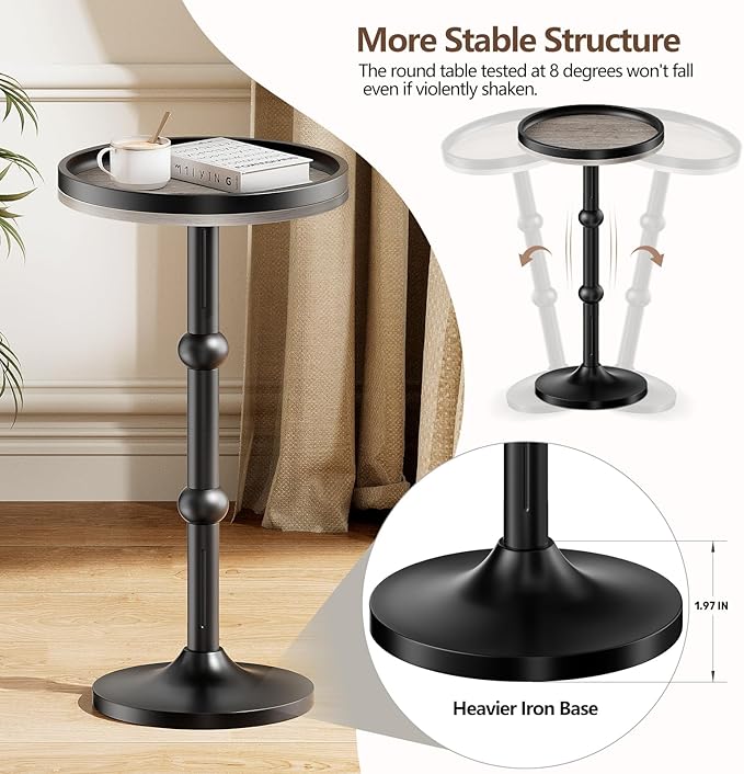 Small Round Side Table, Coffee Drink Table for Small Spaces, Modern Night Stand with Metal Leg, Weighted Iron Base Pedestal Round End Tables for Living Room, Bedroom, Narrow Corners,Sofa Couch