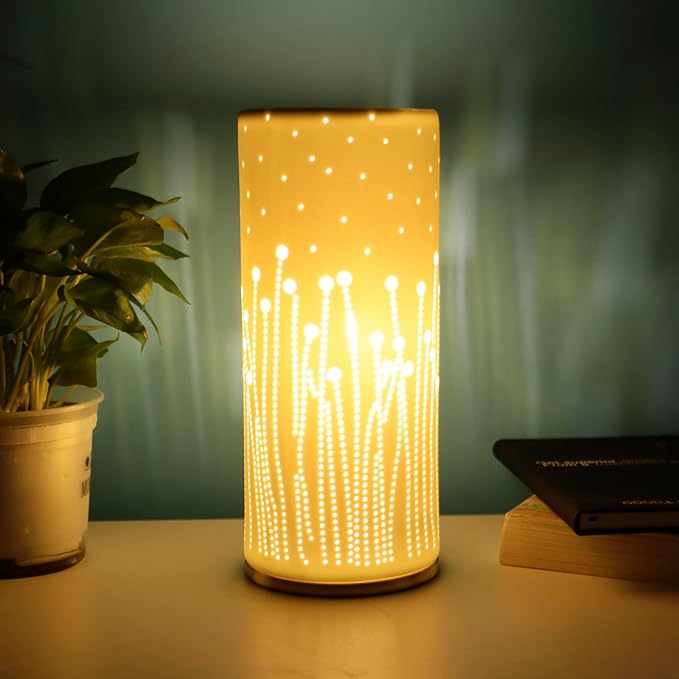 Small Modern Ceramics Bedside Table Lamp, 4.5 x 4.5 x 9.75 Inch White Firework Style Nightstand Lamps, Side Table Lamps for Bedroom Living Room Entryway Table Light