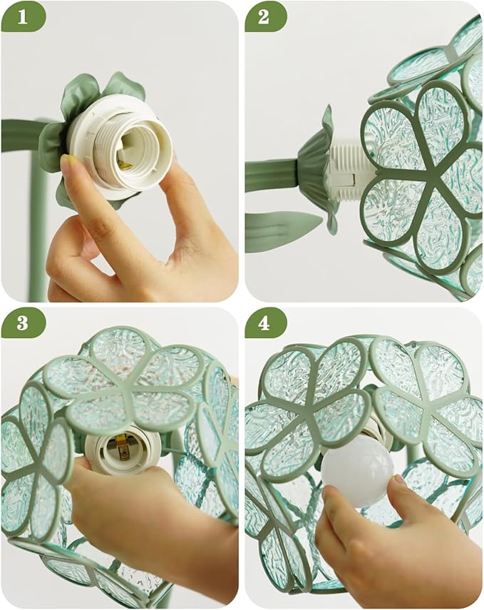 Flower Table Lamp, Vintage Green Floral Desk Light with Artistic Glass Petal Shade, Cottagecore Ambient Bedside Nightstand Lamp for Bedroom, Living Room, Study, Gift