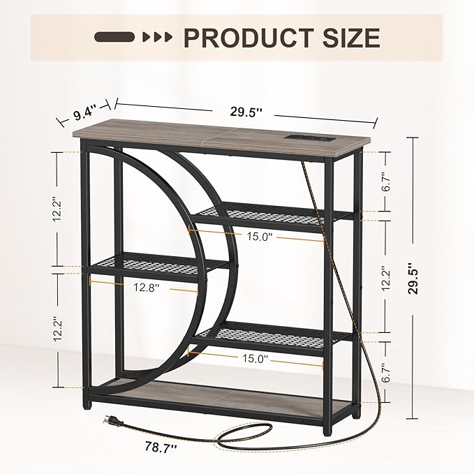 Snughome Entryway Table, Console Table with Charging Station, Industrial Narrow Sofa Table with 5 Tier Storage Shelves, Entrance Table for Hallway, Living Room, Foyer, Grey