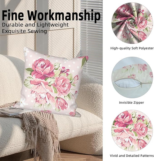 Flower Throw Pillow Covers 18"x18" Set of 4, Romantic Spring Blooming Pink Roses Floral Couch Cushion Cases for Chair Sofa Bed Living Room Garden Car Indoor Outdoor Home Decorative