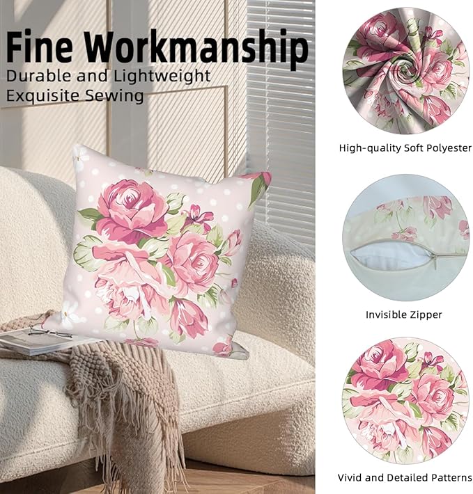 Flower Throw Pillow Covers 24"x24" Set of 4, Romantic Spring Blooming Pink Roses Floral Couch Cushion Cases for Chair Sofa Bed Living Room Garden Car Indoor Outdoor Home Decorative