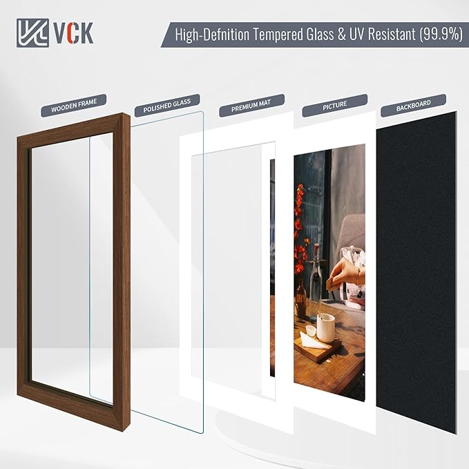 VCK 8x10 Picture Frame 2 Pack - Brown, High-End Wood Poster Frames with Tempered Glass, Display 5x7 Photo with Mat or 8x10 without Mat, Art Gallery-Quality, Wall Hanging/Tabletop, Brown