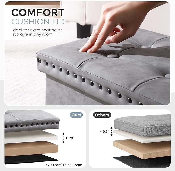 Storage Ottoman Cube 16in, Small Faux Leather Tuffed Foot Rest Stool with Rivet Design, Foldable Ottomans Footstool, Box Chest for Bedroom, Entryway, 16x12x12inches Grey, Load 242 lb, Grey