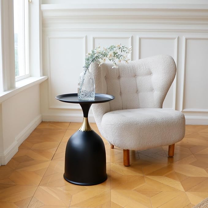 MSOBAIW Small Round Side Table End Table, Metal Pedestal Tables Living Room, Black Minimalist Modern Accent Unique Circle Drink Tables for Sofa, Bedroom, Office