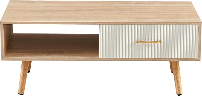 IANIYA Boho Coffee Table with Storage, Dining Table with Rattan Drawer and Solid Wood Legs, Small Center Tables for Living Room Small Space (Natural/White)