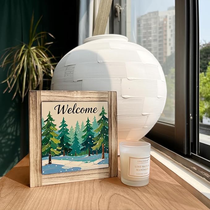 Christmas Trees Wood Sign, Welcome Wooden Box Sign, Front Door Decors for Shelves, Entryway Decor for Home, Modern Farmhouse Home Office Decor, Decorative Wooden Box Plaque