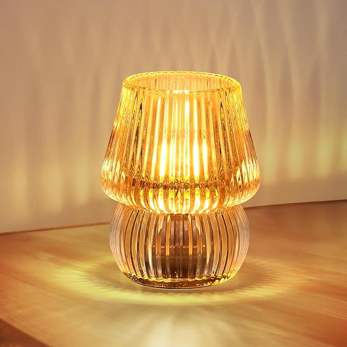 Battery Operated Lamp with Timer, Small Cute Cordless Glass Table Lamp for Home Decor, Kitchen, Bathroom, Birthday Gift for Women, Mushroom, Amber
