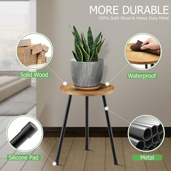 Indoor Plant Stand, Mid Century Wood Plant Stand Plant Table for Flower Pots, Tall Metal Plant Holder, Modern Home Decor Small Round Side End Table (11.8"x16")