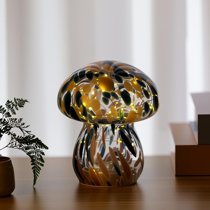 Small Glass Mushroom Table Lamp Night Light Bedside Desk Lamp for Bedroom Nightstand Light -Blue