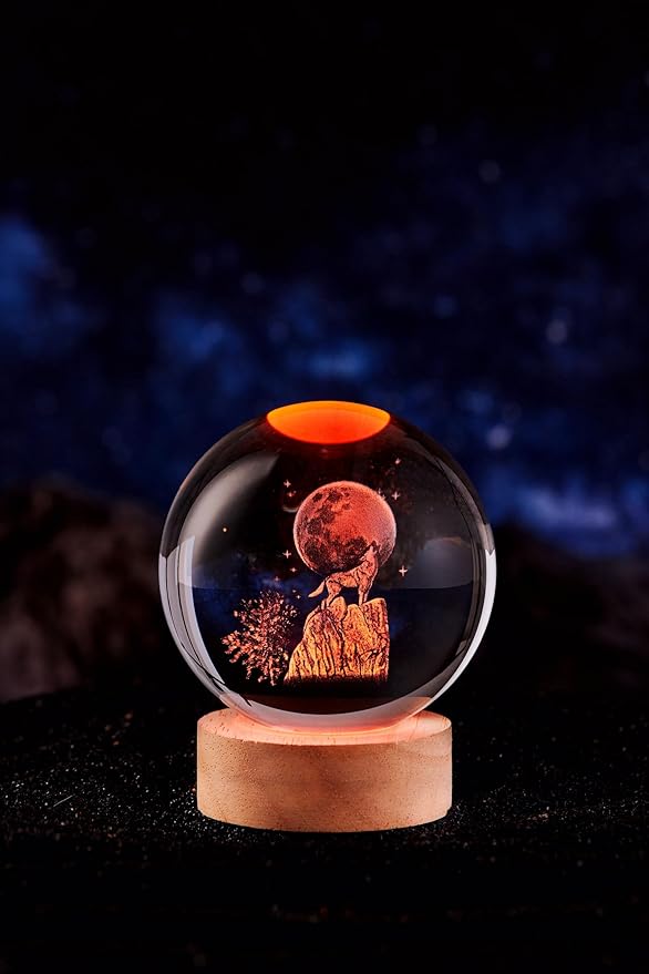 Wolf Crystal Ball Lamp with LED Wooden Base, 16 Colors Change & Remote Control Moon Crystal Ball Night Light, Upgraded 3.15 Inch Glass Light, Gift for Kids Wife Girlfriend (Wolf)