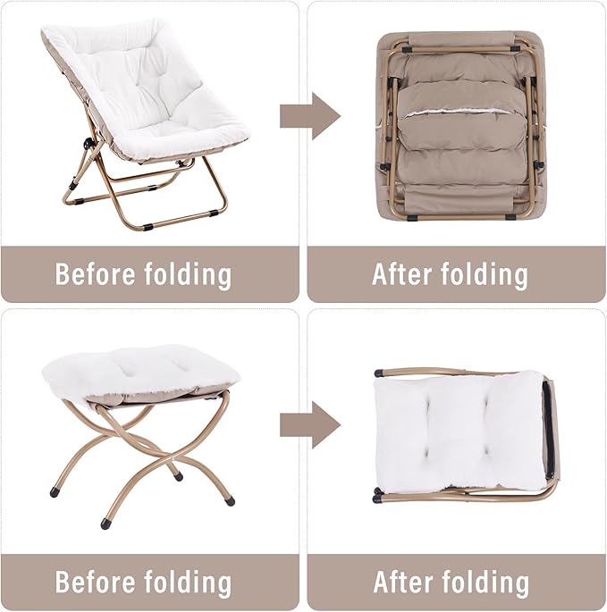 Comfy Folded Chair with Ottoman, Oversized Folding Faux Fur Chair Soft Furry Lounge Lazy Chair with Metal Frame Moon Chair Accent Chair for Bedroom, Living Room, Dorm Rooms