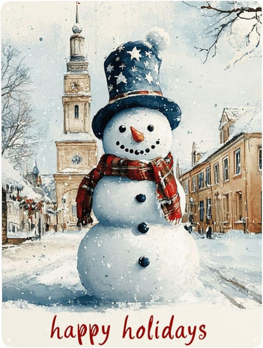 Cafemira Metal Signs,Happy Holiday Snowman,Tin Sign Art Wall Home Decor,Metal Plaque,For Cafe,Living Room,Bedroom,Office,Indoor Outdoor Decor,Practical Decorative Poster.Easy To Hang,12x16 Inch
