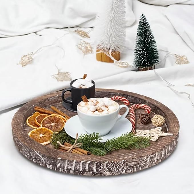 Round Decorative Wooden Serving Trays for Ottoman Coffee Table Tray Farmhouse Kitchen Home Decor Accents Circle Circular Wood Decorations Trays Rustic Dining Table Centerpiece Candle Holder Tray