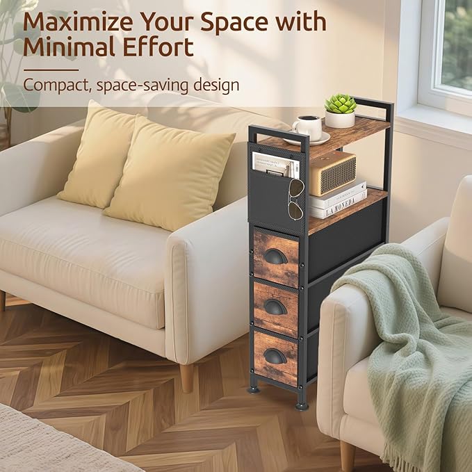 3 Drawer Narrow Dresser Side End Table Small Spaces, Slim Nightstand Bedside Sofa Table with Wheels, Space Saving Skinny Thin Couch Desk with Storage Bag for Bedroom Living Room Bathroom,Black