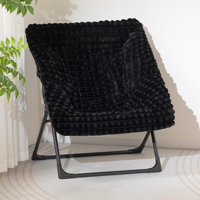 HollyHOME X-Large Saucer Chair, Comfy Oversized Folding Chair, Faux-Fur Reading Chair for Teens, Adults, Foldable Accent Lazy Chair, Metal Lounge Chair for Living Room, Bedroom, Dorm, Grid Black