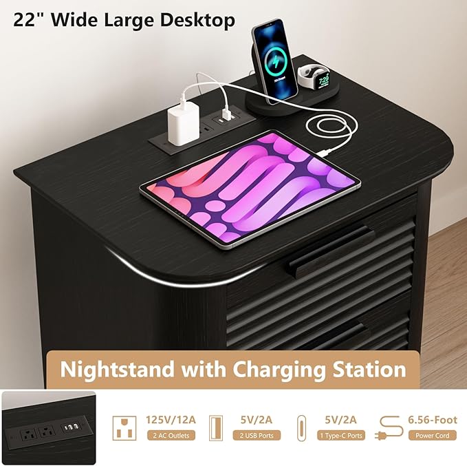 22'' Fluted Nightstand with Charging Station, Modern End Table with 3 Drawers and Storage, Wood Night Stand with Round Corner, Side Bedside Table Dresser for Bedroom, Living Room, Curved Profile,Black