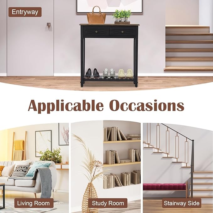 Console Table for Entryway with 2 Drawers, 30 Inch Long Entryway Table w/Open Storage Shelves and Handmade Metal Handle, Narrow Foyer Sofa Table for Living Room, Hallway, Black