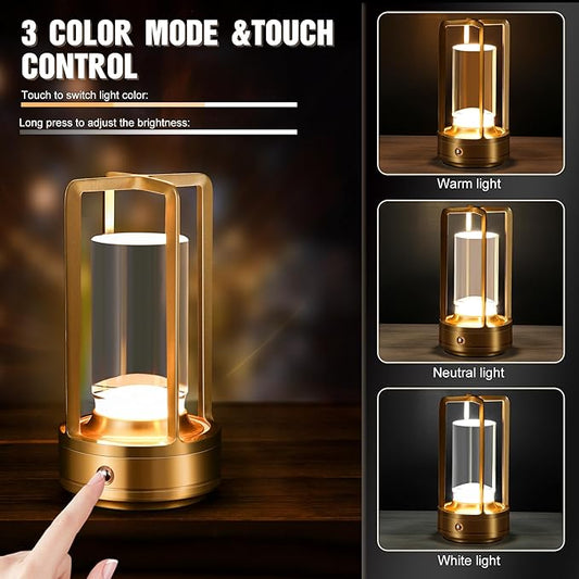 Portable Metal Table Lamp,Cordless Table Lamp, Rechargeable Battery Operated Lights, LED Table Lamps, 3 Color Stepless Dimming Touch, for Bedroom Restaurant Home Outdoor (Golden)