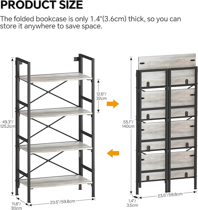 Folding Bookshelf,4 Tier Bookcase Foldable Shelf with X-Bracket Design, Adjustable Feet, Space Saving Storage for Living Room, Office, Brownish
