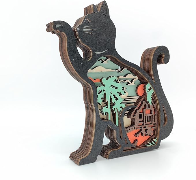 Drawelry 3D Wooden Carving Animals Lamp - Creative Fox Squirrel Wood Carved LED Night Light Garden Yard Wooden Animals Sculpture Ornaments Desktop Home Decor Birthday Gifts for Family Friend (Cat)