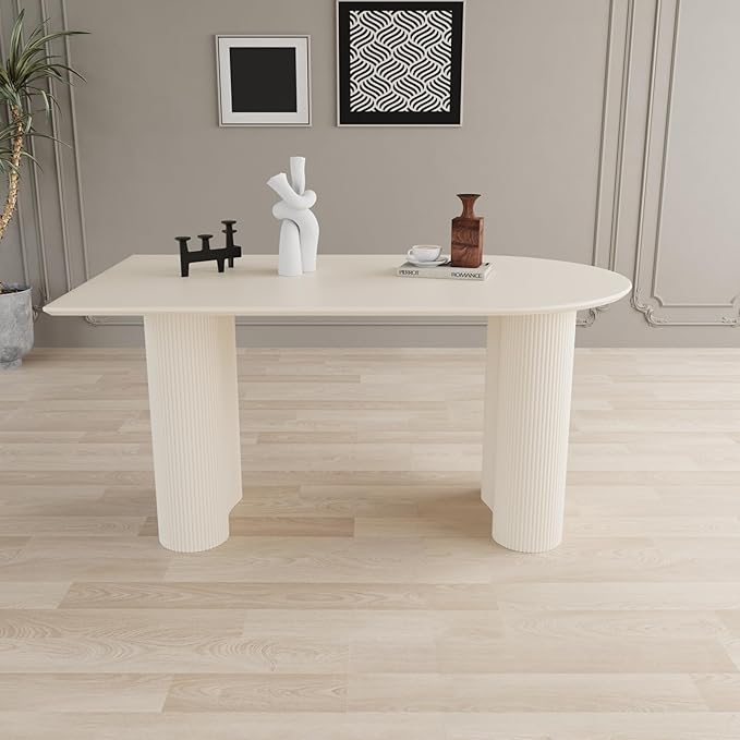 63'' Dining Table, Cream White Modern Kitchen Table, Oval Dining Room Table and Chairs Set of 4-6, Indoor Dining Table for Kitchen, Bar, Living Room, Breakfast Nook