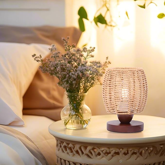 Rattan Table Lamp,Boho Small Beside Lamp,Farmhouse Table Lamp for Room Decor,Vintage Wicker Wooden Nightstand Bamboo Woven End Table Lamps for Bedroom Living Room Desk Kids Room,LED Bulb Included