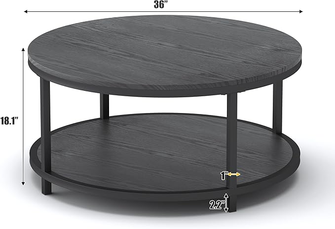 WiberWi Round Coffee Table Black 35.8" Circle Coffee Tables for Living Room Rustic Industrial Design with Sturdy Metal Frame Legs and Open Storage Shelf, Easy Assembly