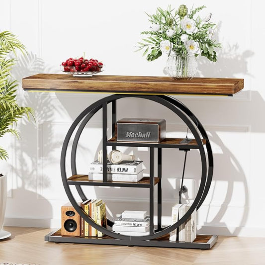 Console Tables for Entryway, Built-in US Standard Outlet & LED Strip Lights, 4-Tier Industrial Narrow Wood Sofa Table, Entryway Table with Storage Shelves for Living Room