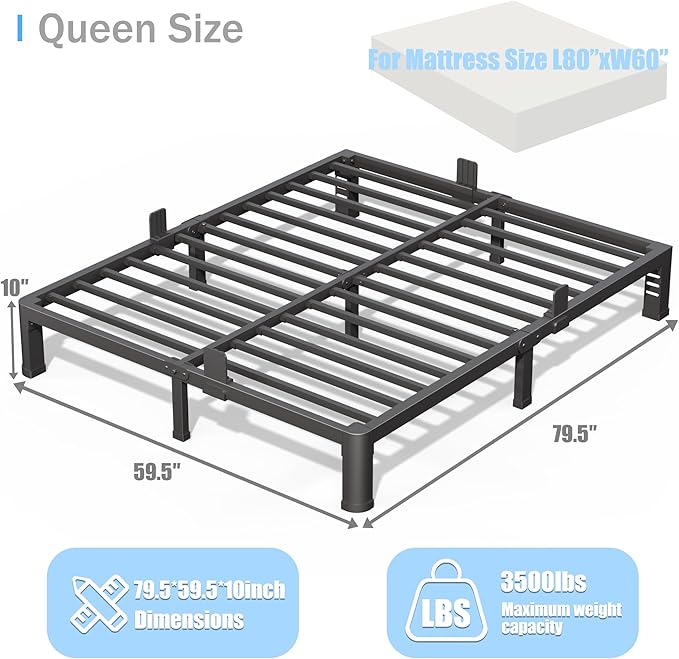 10 inch Queen Bed Frame with Round Corner Legs and Headboard Hole Mattress Slide Stopper Low Profile Heavy Duty Metal Platform,Steel Slats Support,No Box Spring Needed,Easy Assembly,Noise Free