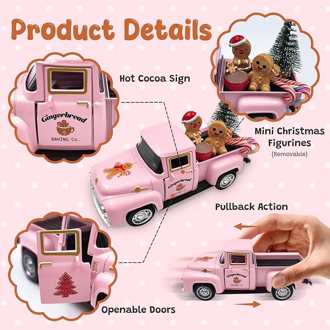 Pink Gingerbread Christmas Decor Vintage Farmhouse Metal Truck with Mini Xmas Tree Gingerbread Man Hot Cocoa Candy Canes Pastel Ginger Bread Christmas Table Decorations for Holiday Mantel Home Kitchen