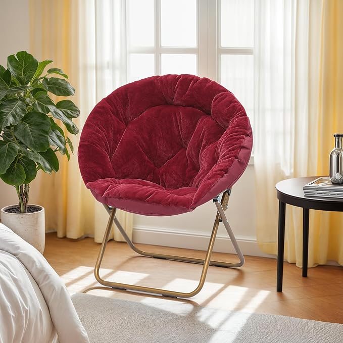 Athena Collection Comfy Saucer Chair Folding Cozy Chair for Bed Room Living Room Accent Chair Faux Fur Reading Chair Foldable Metal Frame Lazy Chair Moon Chair for Adult, Red