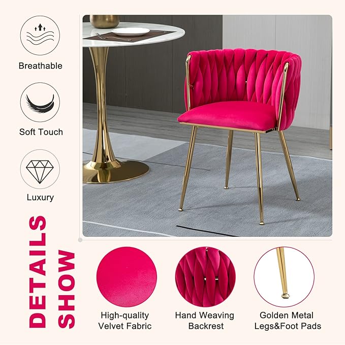 NIOIIKIT Modern Velvet Dining Chairs Hand Weaving Accent Chairs Living Room Chairs Upholstered Side Chair with Golden Metal Legs for Dining Room Kitchen Vanity Living Room (Rosered)