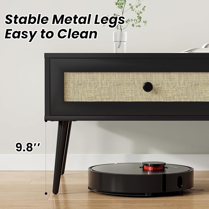 Farini Mid-Century Modern Coffee Table, 47 Inch Rectangle Console Table with Drawer & Shelf, Wooden Coffee Table for Living Room, Office, Black