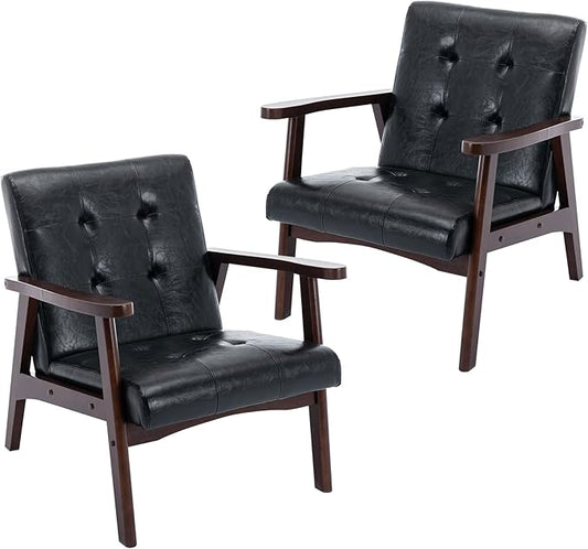 Bonzy Home Mid Century Modern Accent Chairs Set of 2 for Living Room, Upholstered Faux Leather Armchair Comfy Retro Bedroom Side Chair with Solid Wood Frame, Black